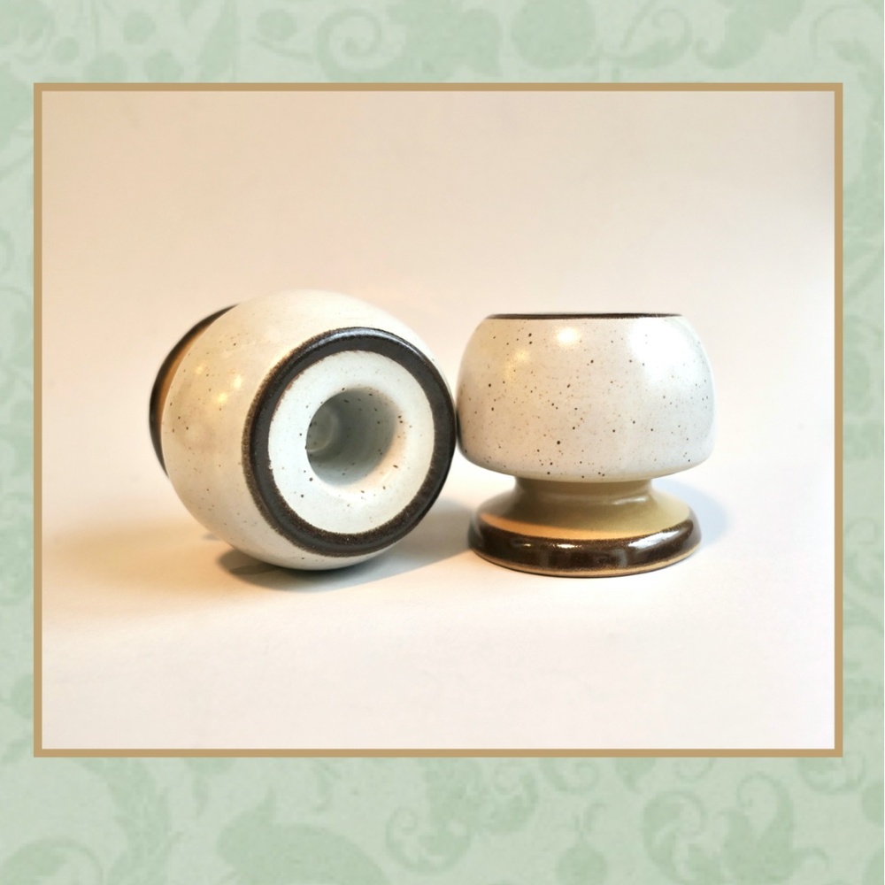 Vintage MCM Stoneware Ceramic or Clay Speckled Gray Brown Taper Candle Holders